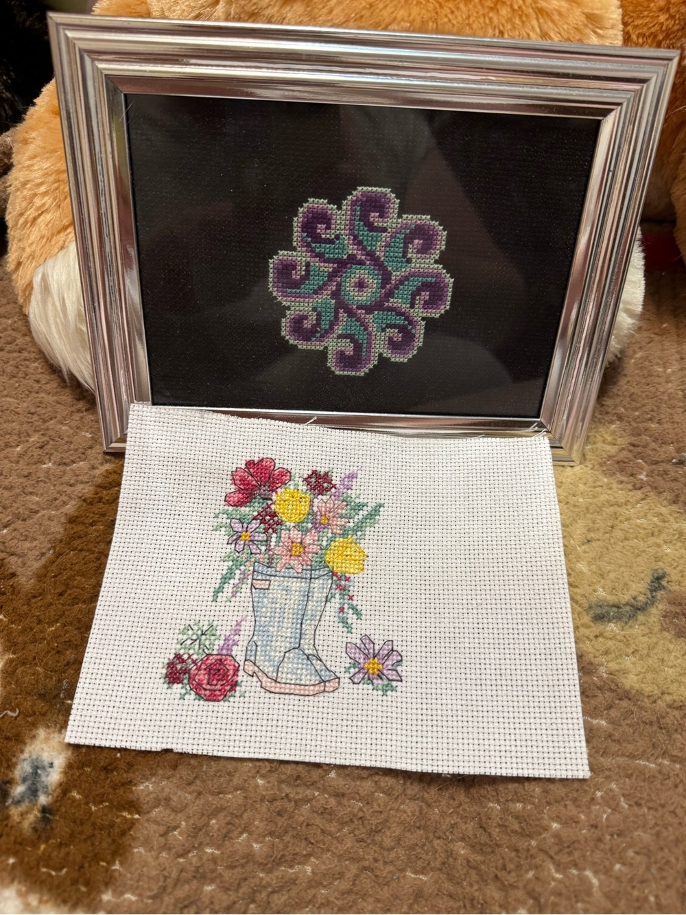 Framed Cross Stitch Mandala - Purple & Teal on Black and boots/ flowers